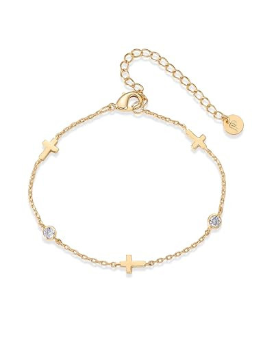 PAVOI 14K Yellow Gold Plated Sideways Cross Simulated Diamond Station Chain Bracelet for Women | Cubic Zirconia Adjustable Christian Bracelet | Amazon (US)