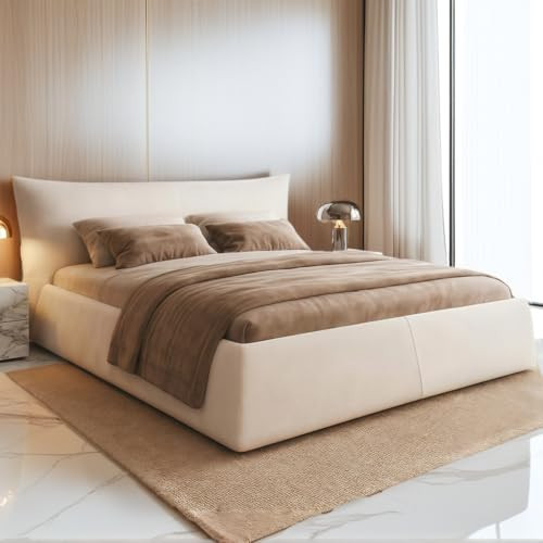 TaiEnjoy King Velvet Upholstered Platform Bed Frame, Modern Luxury Cloud Bedframe with Oversize Cushioned Headboard, Sturdy Solid Wood Metal, Noise Free Hold up to 1000lbs, No Box Spring Needed, Cream | Amazon (US)