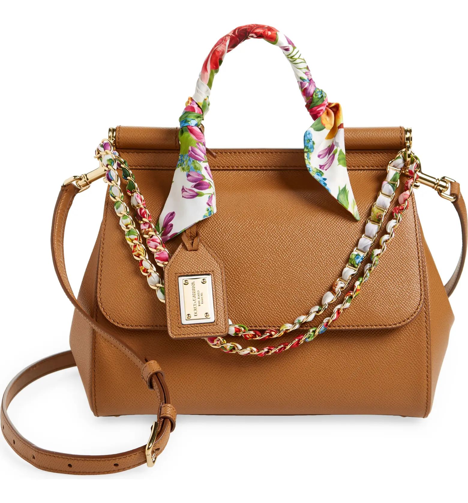 Sicily Floral Print Scarf Handle Leather Satchel | Nordstrom