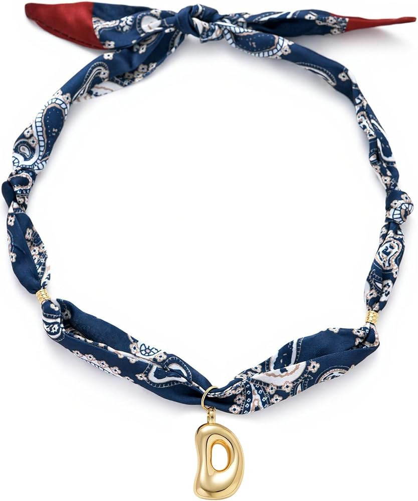 Initial Silk Scarf Necklace for Woman Personalized Blue Paisley Bandana Bubble Letter Scarf Choke... | Amazon (US)