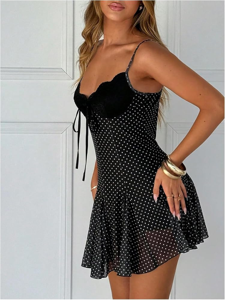 GORGLITTER Women's Polka Dots Mini Dress Y2k Lace Mesh Bow Tie Front V Neck A Line Dresses Coquet... | Amazon (US)