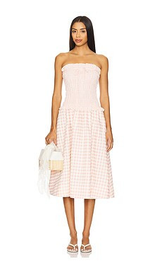 For Love & Lemons Petal Gingham Midi Dress in Peach from Revolve.com | Revolve Clothing (Global)