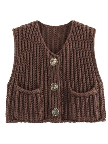 Womens Fashion Casual Chunky Sweater Vest Sleeveless Button Down Knit Crop Top Open Front Cardigan with Pockets Brown M | Amazon (US)