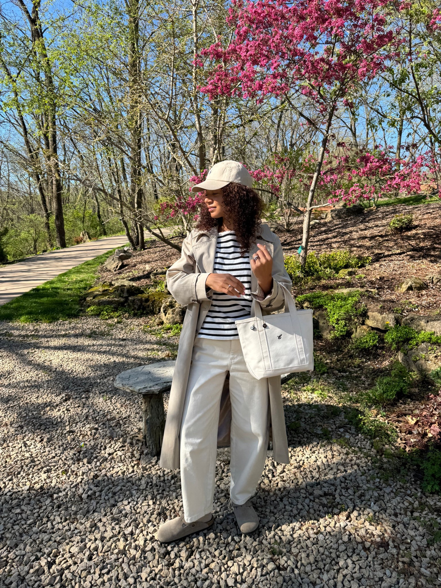 Spring outfit: striped shirt, off white jeans, clogs, baseball cap, trench coat, boat tote 

#LTKootd