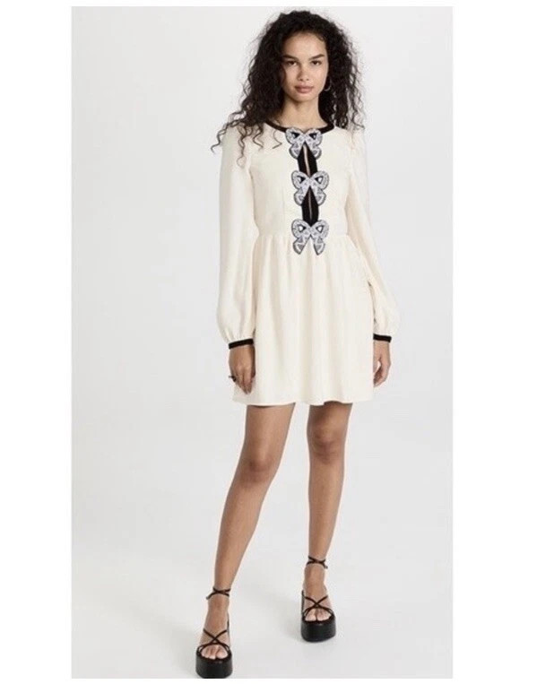 NWT Saloni Camille Crystal Bows Mini Dress Cream White Ivory Black Beaded US 6 | eBay US