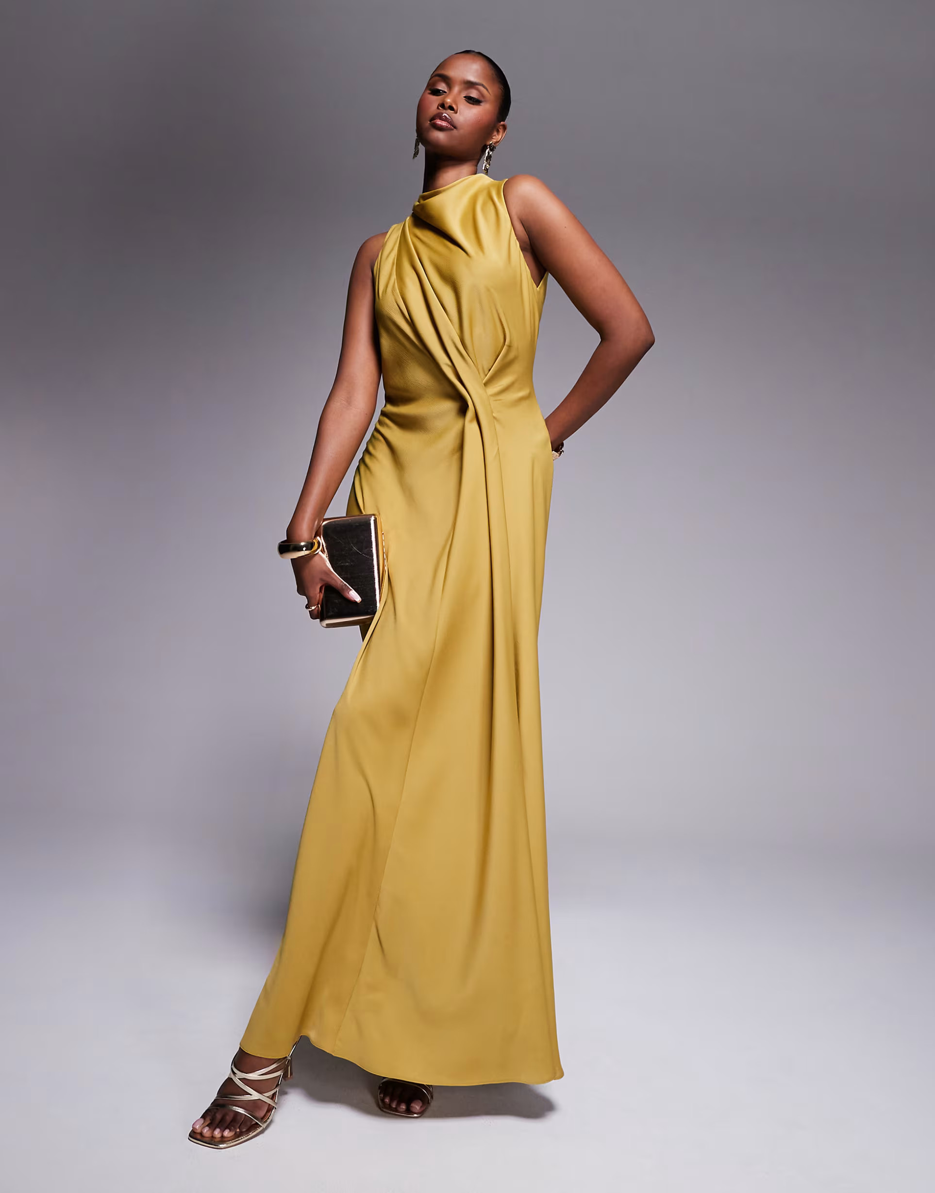ASOS DESIGN high neck drape maxi satin dress with tucked detail in ochre | ASOS (Global)