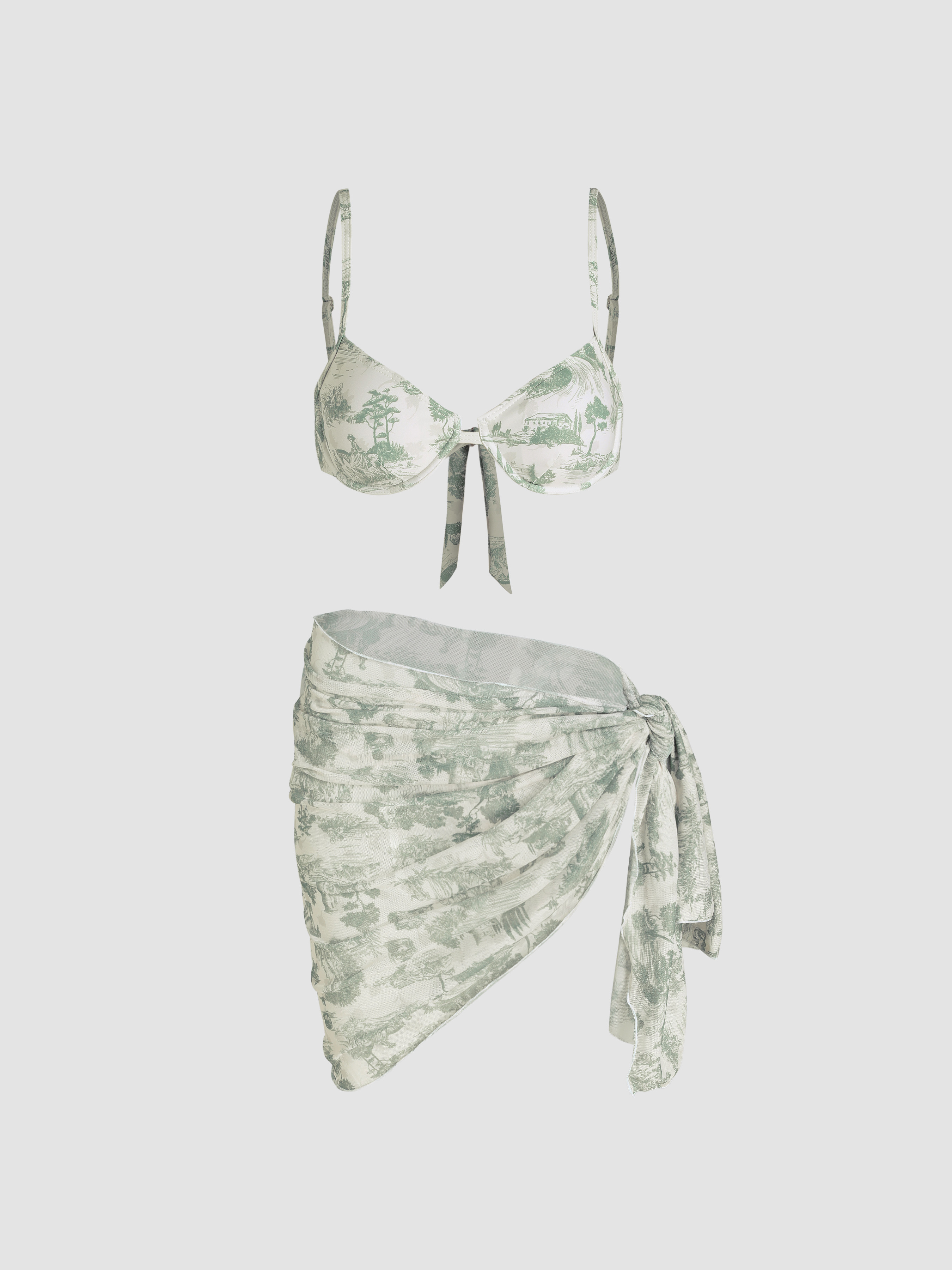 Knit Fabric Mesh Floral Print Underwire Bikini With Sarong For Vacation | Cider