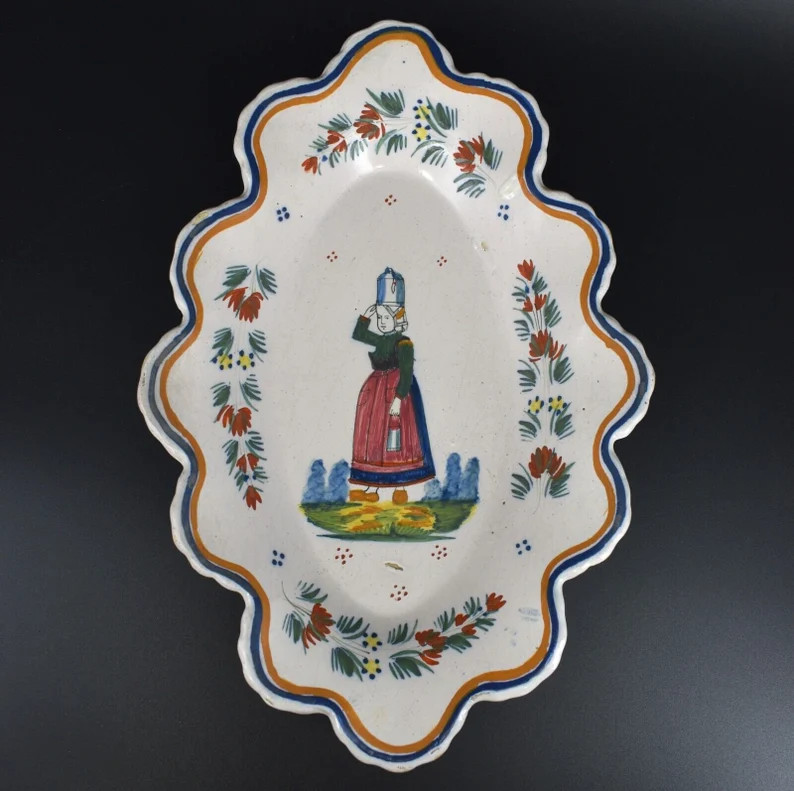 Vtg Henriot Quimper Oblong Scalloped French Faience Woman Milk Can Pottery Dish - Etsy | Etsy (US)