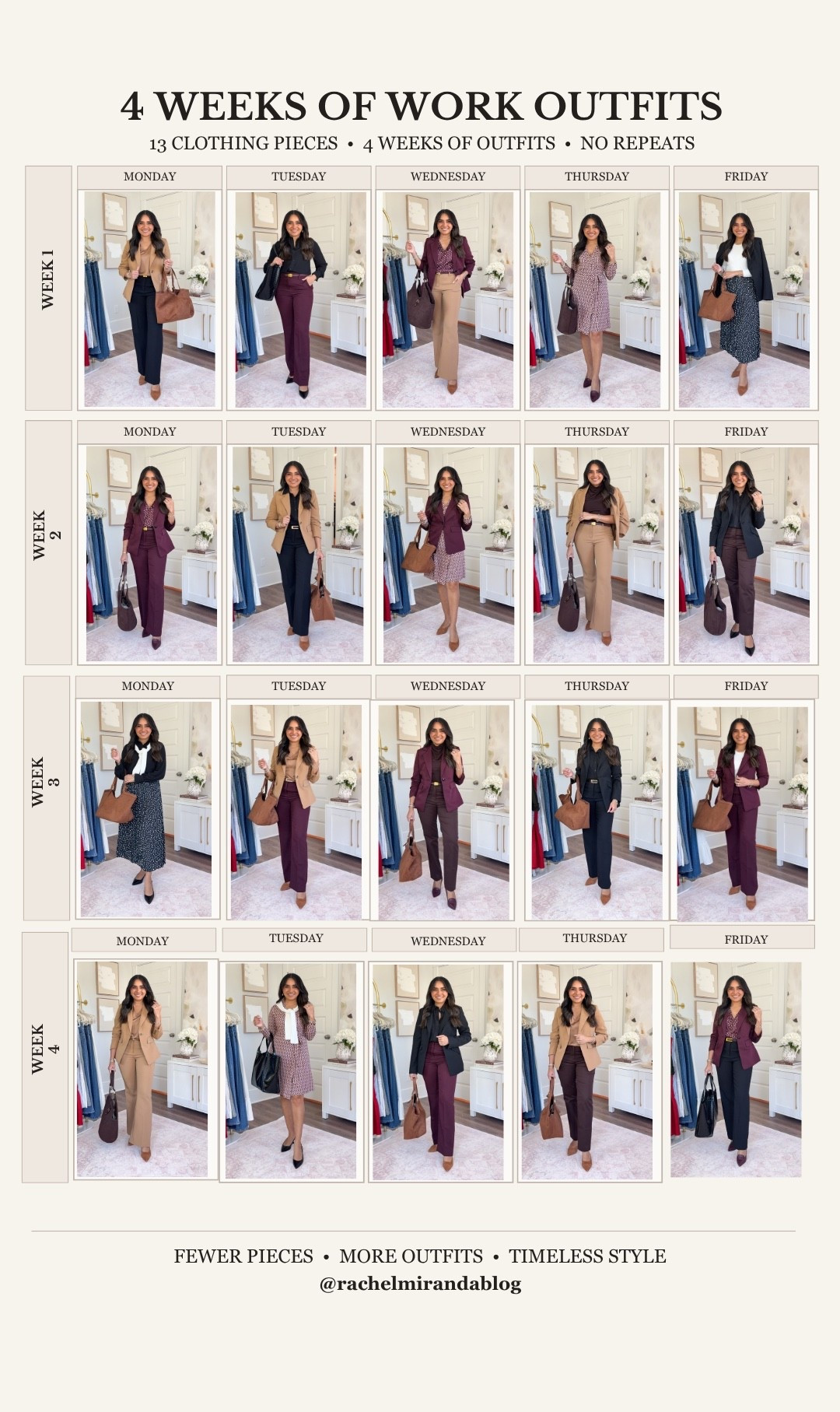Capsule Workwear Office Wardrobe! 13 clothing pieces, 4 weeks of outfits, NO repeats!
For reference: I’m 5’0, petite, 32b bra size, and 2/26 in bottoms, pear shaped. 
*Everything I share is unaltered! TTS means true to size. Between size 5-6.5 in shoes

All blazers size 0 petite TTS
All tops size xxs regular TTS
All pants size 2 petite TTS
Skirt size xs regular TTS
Wrap dress size xs petite TTS
All Heels size 5 TTS

I put together the ultimate petite workwear capsule wardrobe for fall + winter 🍂🤎 If you’re tired of wondering what to wear to the office every morning, this capsule is for you!

Using just 13 clothing pieces, I created 4 weeks of work outfits that’s an entire month of business casual office outfits without repeating the same look. These petite-friendly pieces can be mixed and matched for everyday workwear, corporate office outfits, business casual looks, work travel, meetings, presentations, and even conference outfits.

Think: petite blazers, work pants, versatile tops, midi skirts, work dresses, comfortable office shoes, and work bags all in a classic fall and winter color palette that makes getting dressed SO much easier.

SAVE this fall workwear capsule wardrobe for the next time you need office outfit inspiration, and send it to your work bestie! 💼✨

petite workwear • workwear capsule wardrobe • fall work outfits • winter work outfits • petite office outfits • business casual outfits • women’s workwear • conference outfits • corporate outfits • petite capsule wardrobe • fall capsule wardrobe • office outfit ideas • work outfit ideas

#LTKPetite #LTKSaleAlert #LTKWorkwear