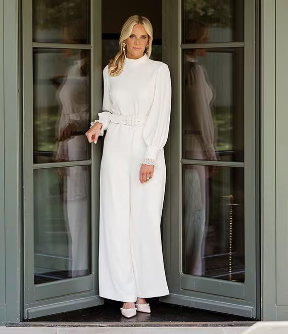 x Nicola Bathie Meredith Crepe Mock Neck Long Lace Cuff Sleeve Belted Jumpsuit | Dillard's