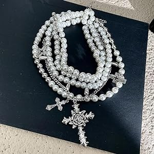Layered Pearl Necklace Gothic Cross Pearl Stacked Necklace for Women | Amazon (US)