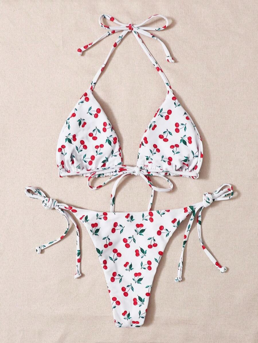 SHEIN Swim Mod Summer Beach Cherry Print Triangle Tie Side Bikini Set | SHEIN