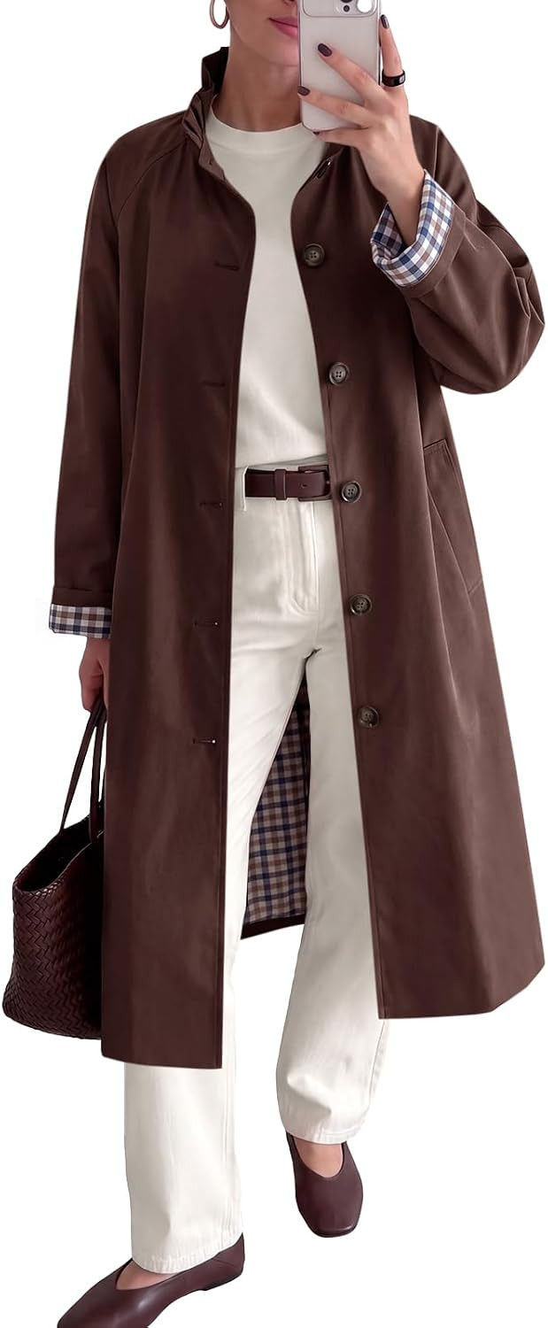 Tankaneo Womens Trench Coat Ruffle Collar Plaid Lining Long Jacket | Amazon (US)