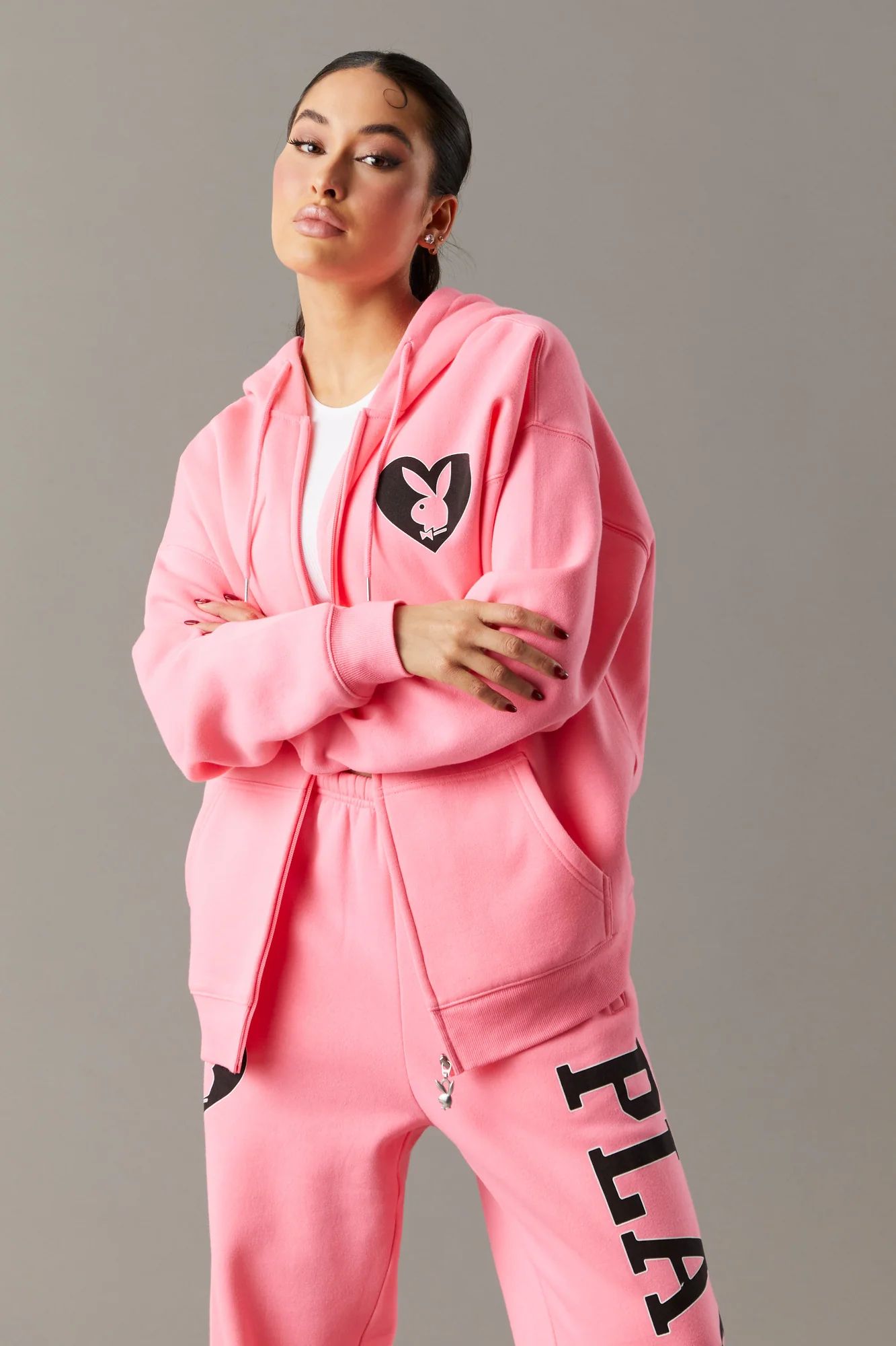 Playboy Printed Pink Fleece Zip-Up Hoodie | Urban Planet