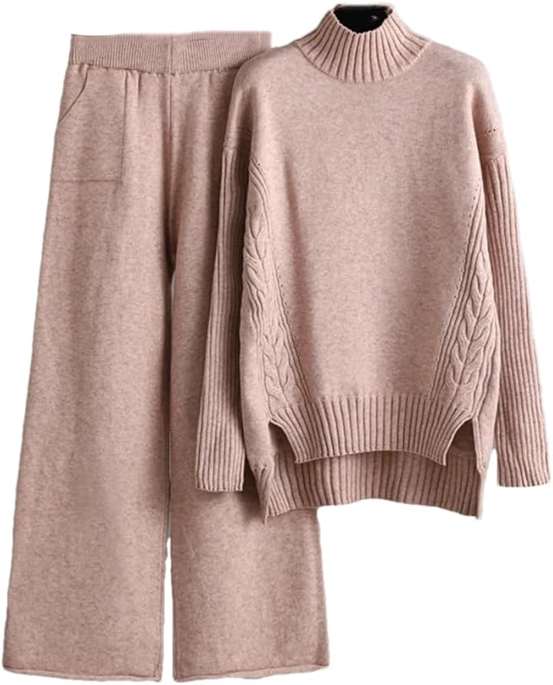 Rfmfkkg Women Knitted Sweater Sets Turtleneck Pullover And Wide Leg Pants Casual Split Two Piece ... | Amazon (US)