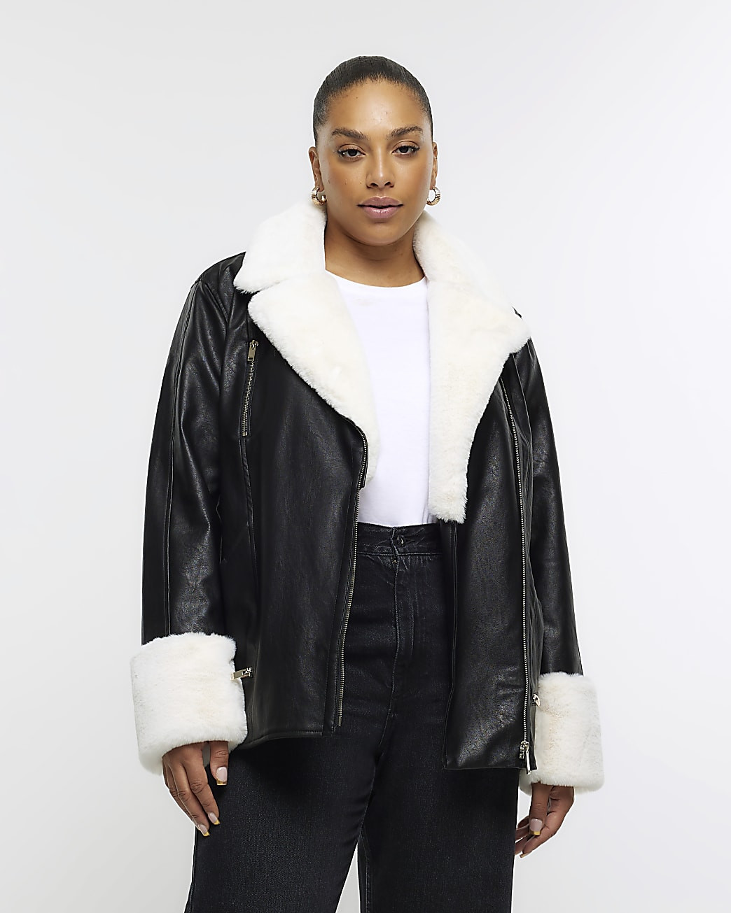 Plus black faux fur trim biker jacket | River Island (US)
