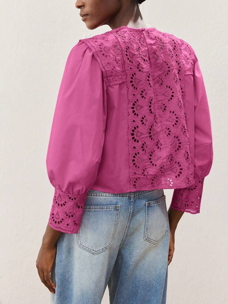 Maija Women's Rose Pink Round Neck Hollow Embroidery Patchwork Blouse, Casual Loose Fit Modern Resort Style, Soft & Comfortable, Suitable For Autumn, Bohemian Western Style Beach Wear, Country Music Festival Modern Urban Casual Fashion Business Casual Women's Office Wear Low-Key Old Money Style Effortless Temperament High-End Urban Commuting High-Quality Airport Women's Wear High-End Material St Patrick's Day Women Easter Summer Easter Women Party Top Beach Summer Holiday Each Vacation For Women | SHEIN