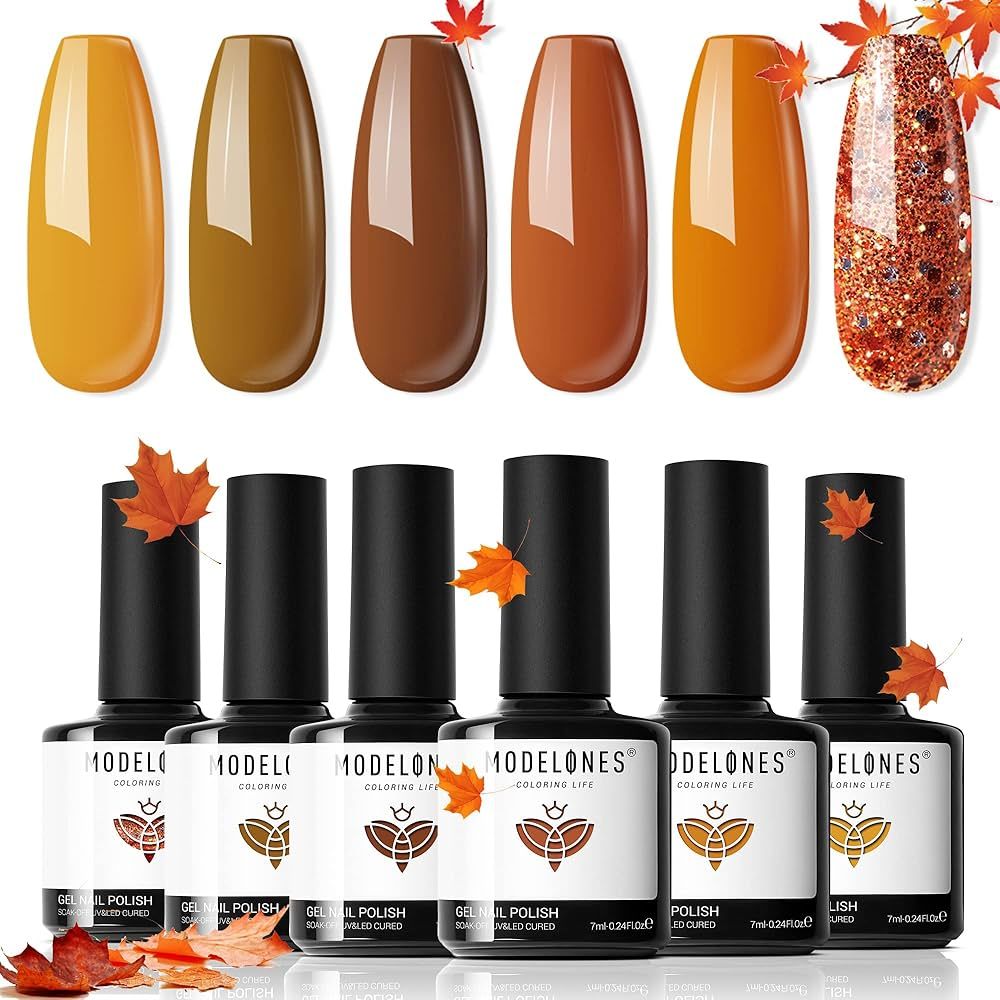 modelones Gel Nail Polish Set, 6 Colors Fall Brown Gold Gel Polish Set Orange Yellow Glitter Nail... | Amazon (US)