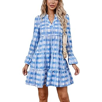 LADYFUL Womens Printed Mini Dress Long Sleeve V Neck Tiered Flowy Swing Summer Vacation Beach Sho... | Amazon (US)