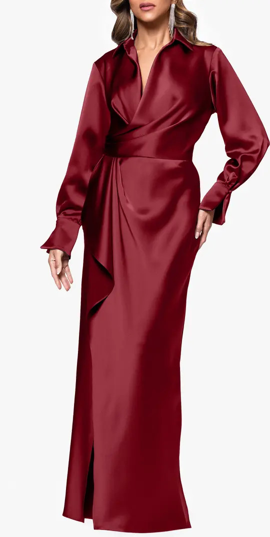Xscape Evenings Collar Long Sleeve Satin Gown | Nordstrom | Nordstrom