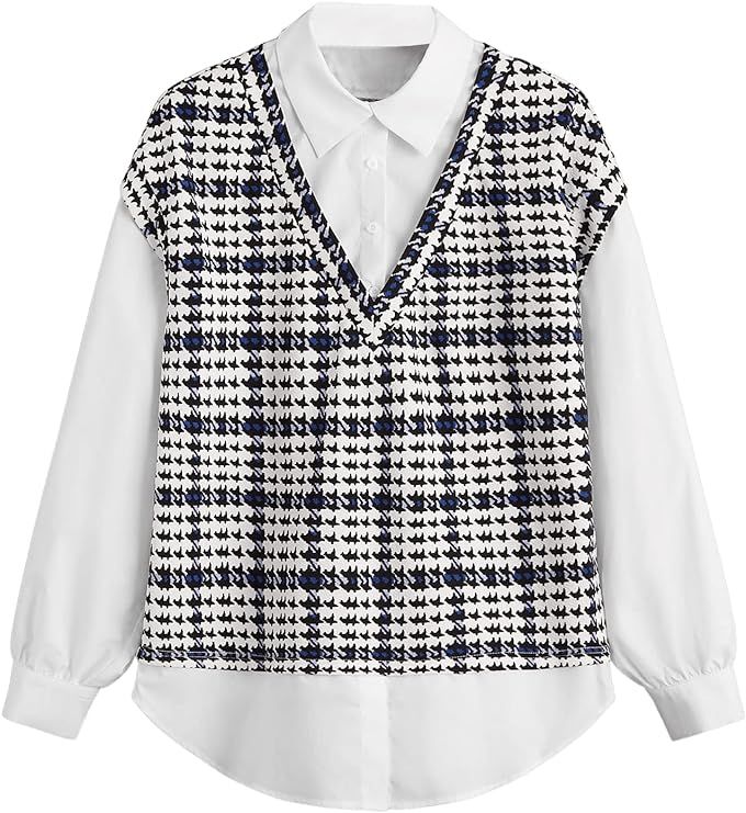 SweatyRocks Women's Casual Long Sleeve 2 in 1 Top Plaid Print Tweed Blouse Shirt | Amazon (US)