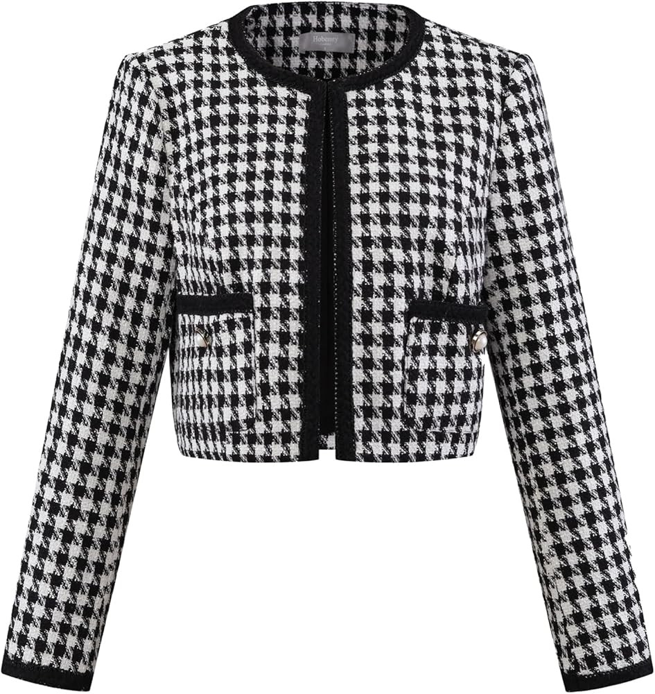 Women's Houndstooth Blazer Collarless Plaid Cropped Tweed Jacket | Amazon (US)