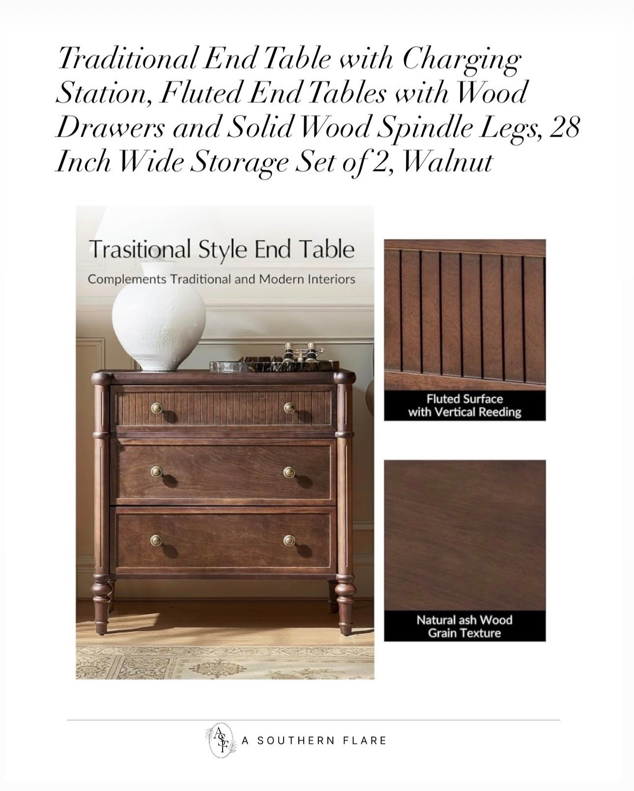 Traditional End Table with Charging Station, Fluted End Tables with Wood Drawers and Solid Wood Spindle Legs, 28 Inch Wide Storage Set of 2, Walnut