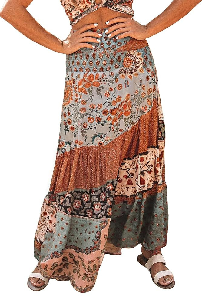 Happy Sailed Womens Floral Print Boho Maxi Skirt Elastic High Waist Pleated Ruffle Flowy Long Ski... | Amazon (US)