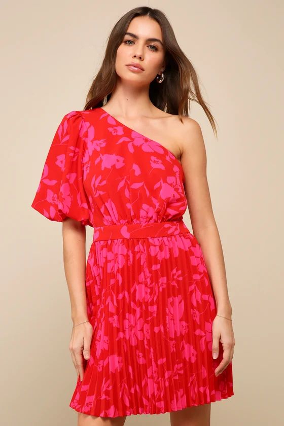Blooming Summer Red Floral Pleated One-Shoulder Mini Dress | Lulus