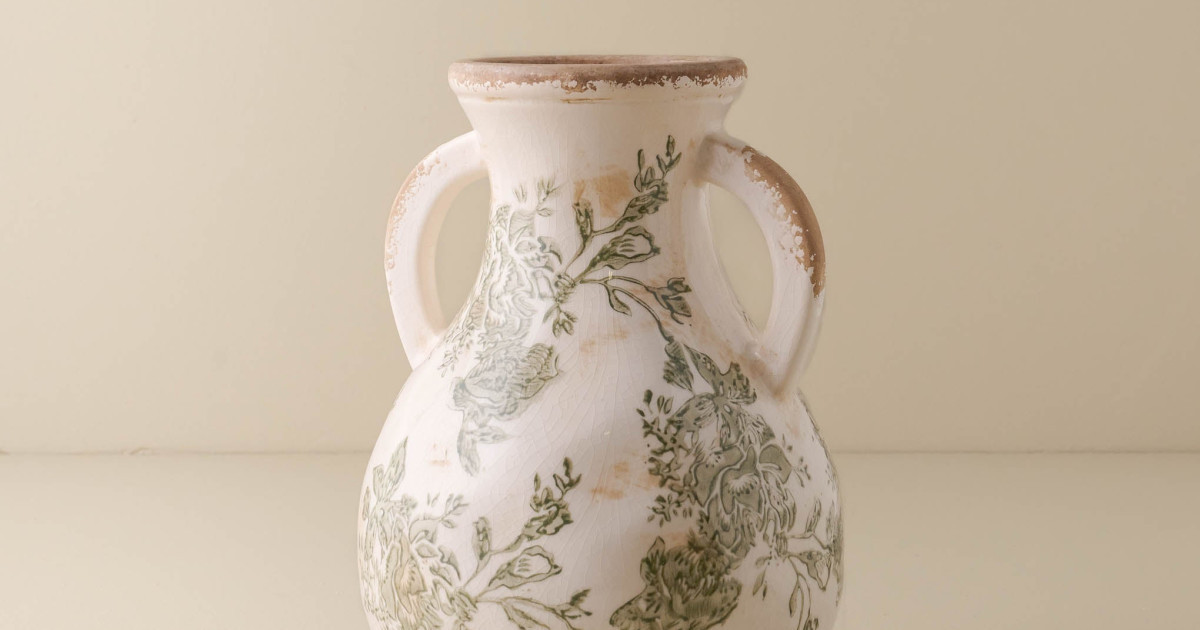 Green and White Distressed Vase with Handle | Magnolia
