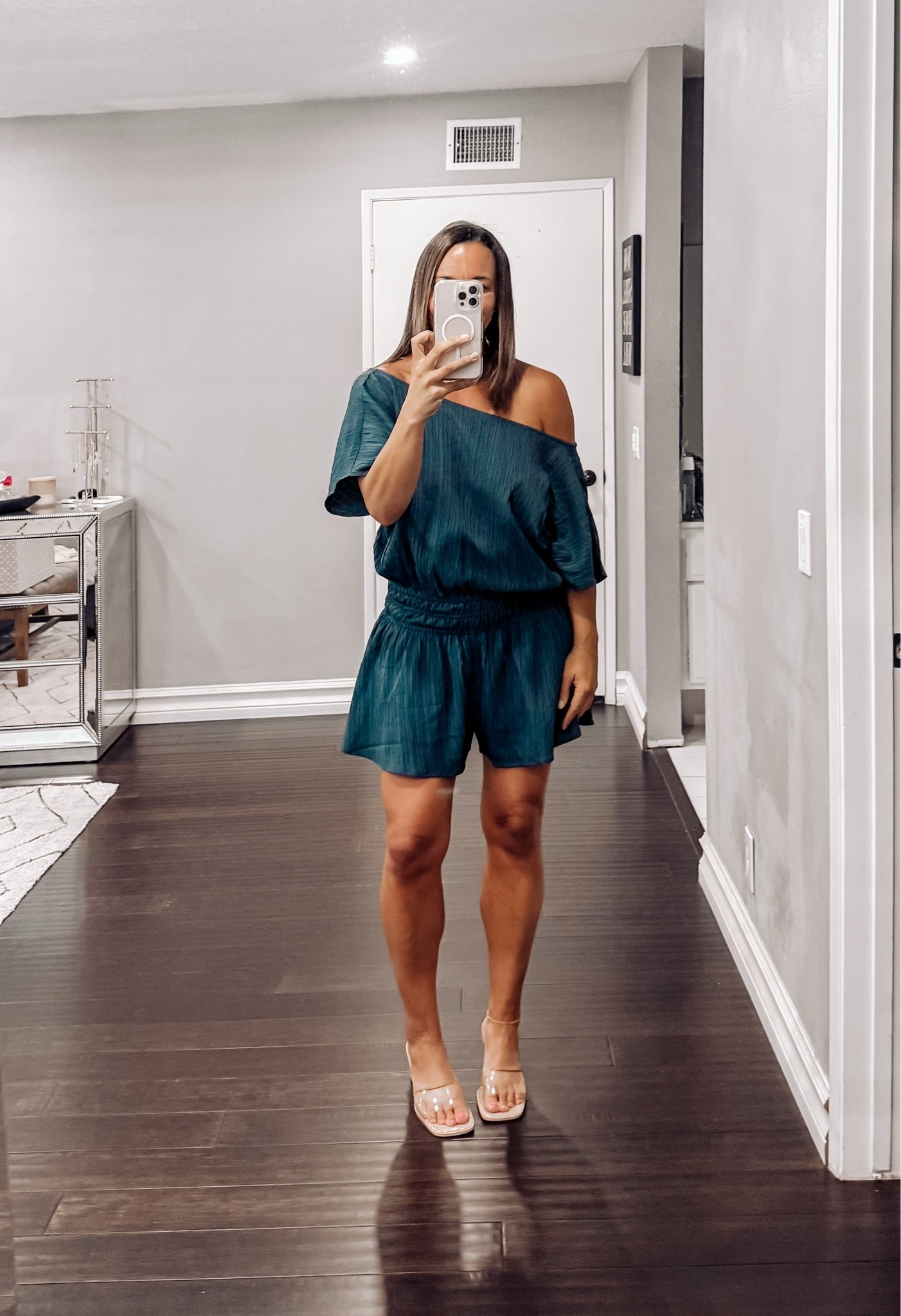 OOTD Inspo ✨

This navy blue one-shoulder romper is giving effortless chic! 💚 The flowy fit is flattering, comfortable, and perfect for everything from date night to summer events. Paired with clear heels for a polished look that lets the outfit shine. Easy to dress up or down and definitely a closet favorite! #MomStyle #LTKSaleAlert #DateNight #SummerStyle #LTKOver40 #LTKOOTD 

 