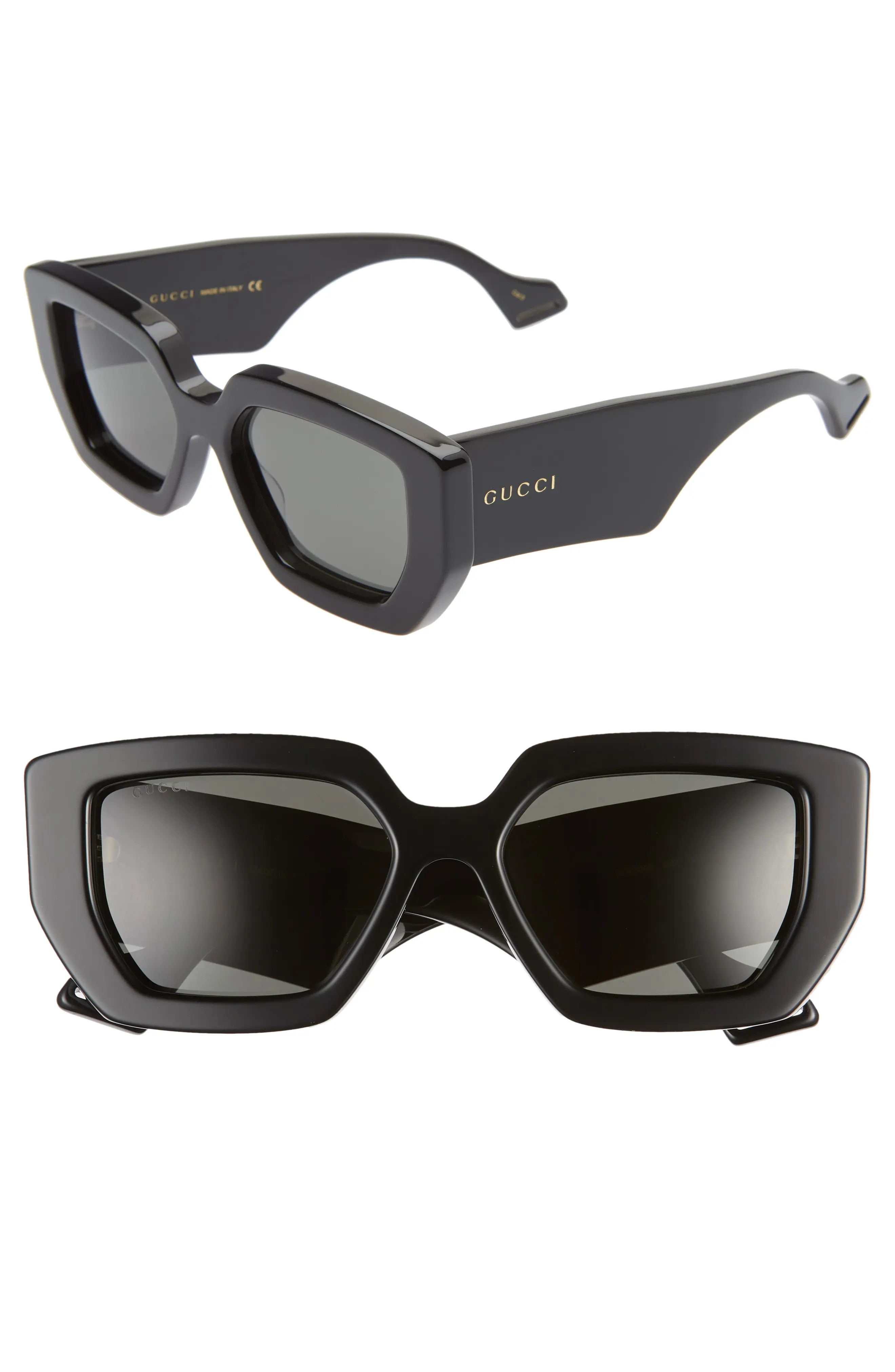 Women's Gucci 55mm Rectangle Sunglasses - Black/ Pink Solid | Nordstrom