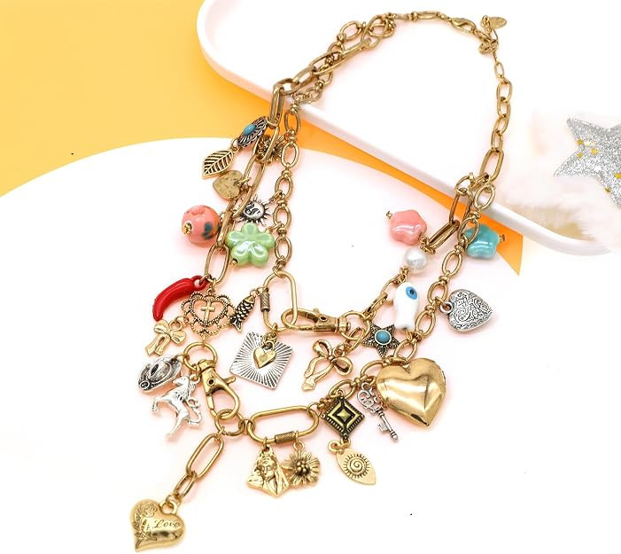 JNF Chunky Layer Heart Charm Necklace for Women Boho Heart Sun Flower Key Coins Charms Necklaces ... | Amazon (US)