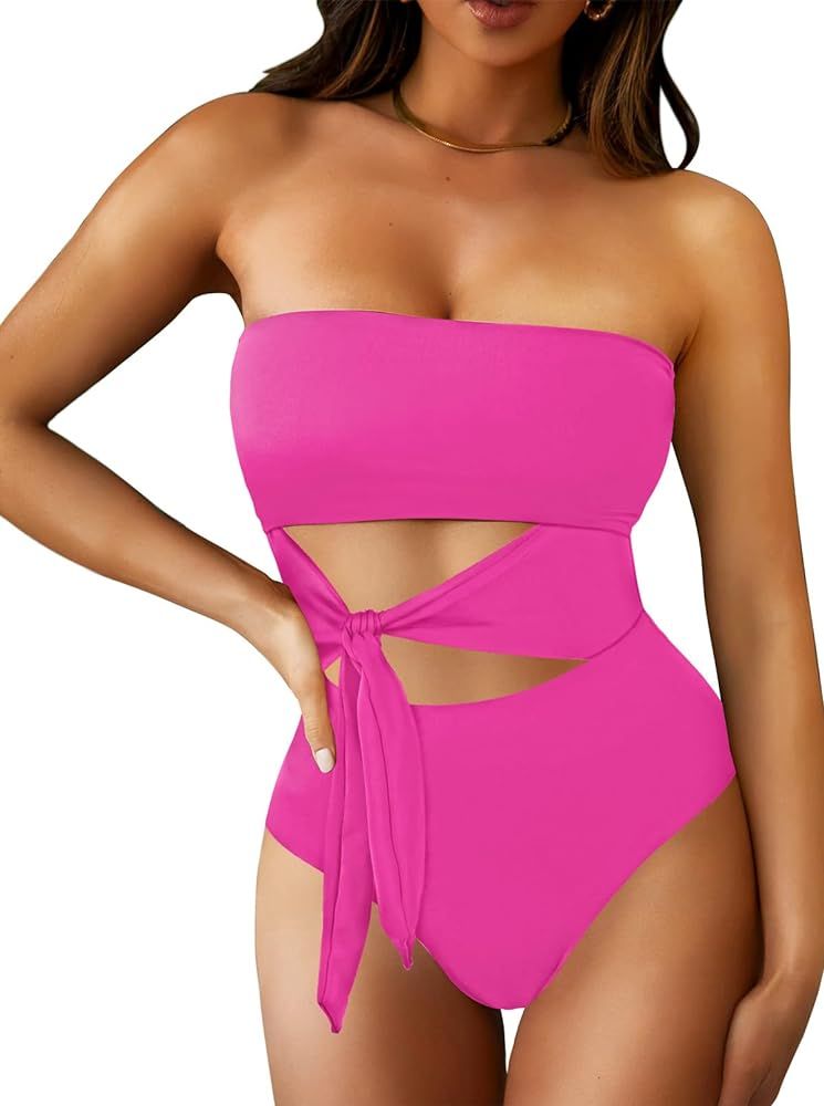 Pink Queen Women Bandeau One Piece Swimsuit Removable Strap Cutout Tie High Waist Bathing Suit Mo... | Amazon (US)