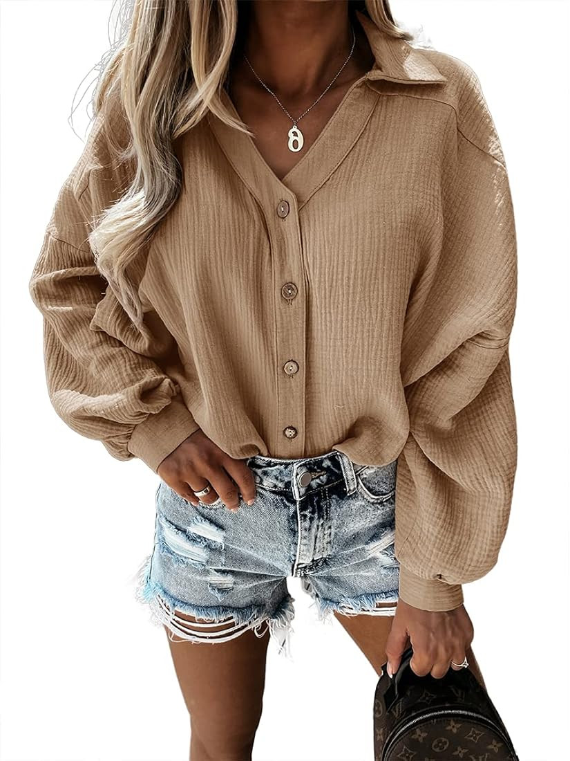 Imily Bela Womens Oversized Button Down Shirts Casual Long Sleeve V Neck Collared Blouses Tops | Amazon (US)