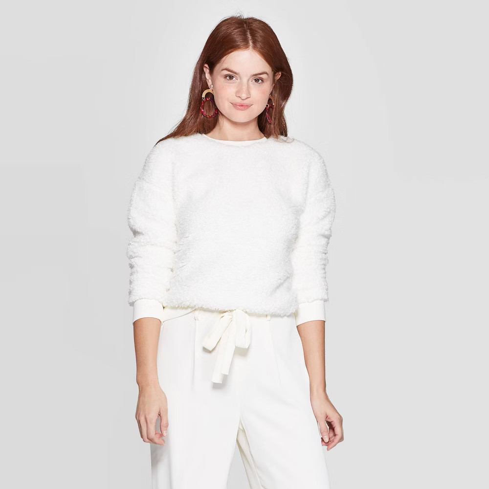 Women's Crewneck Sherpa Pullover - A New Day Sour Cream M, Women's, Size: Small, White | Target