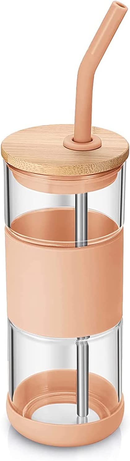 tronco Glass Tumbler with Bamboo Lid and Straw,18OZ Reusable Iced Coffee Cup With Silicone Sleeve... | Amazon (US)