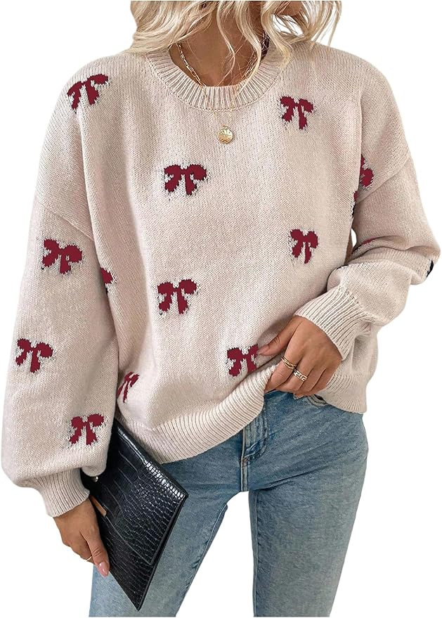 Women's Y2K Bow Sweater Cozy Fall Winter Sweaters Christmas Knit Crewneck Long Sleeve Drop Should... | Amazon (US)