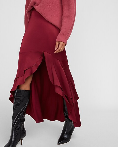 High Waisted Satin Hi-Lo Flounce Maxi Skirt | Express