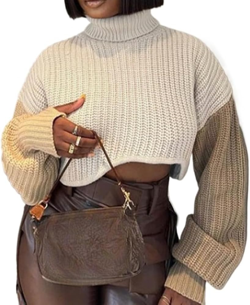 Women's Colorblock Sweater Loose Long Sleeve Drop Shoulder Cropped Pullover Soft Knitted Sweater ... | Amazon (US)