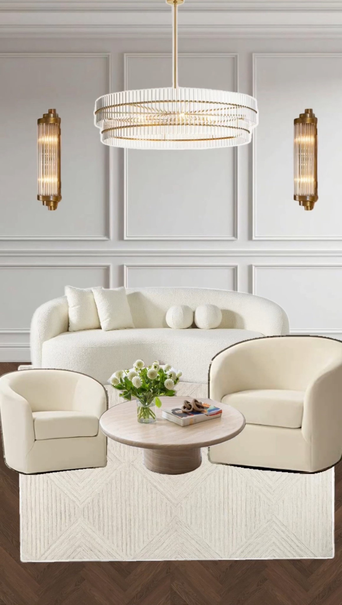 ✨ A timeless blend of elegance and comfort ✨
This classic interior design showcases a soft neutral palette with luxurious textures and refined details. The curved sofa and armchairs in creamy tones create a cozy yet sophisticated seating area, centered around a sleek round coffee table. Brass wall sconces and a statement chandelier add a touch of glamour, perfectly balancing modern style with traditional charm. The paneled walls and geometric rug complete the look, making this living room a true masterpiece of classic elegance.

#ClassicInterior #ModernClassic #InteriorDesign #LuxuryLiving #NeutralInteriors #HomeDecorInspo #InteriorGoals #ElegantSpaces #Sconces #ChandelierDesign #TimelessDesign #ClassicElegance


#LTKStyleTip #LTKFamily #LTKHome