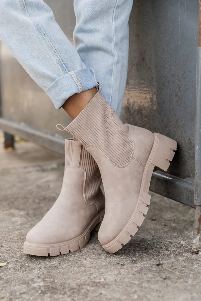 Jazzy Taupe Sock Style Booties | Pink Lily