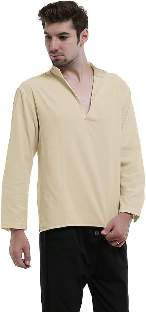 Cosplay.fm Men's Renaissance Medieval Henley Shirt V Neck Long Sleeve Pirate Top | Amazon (US)