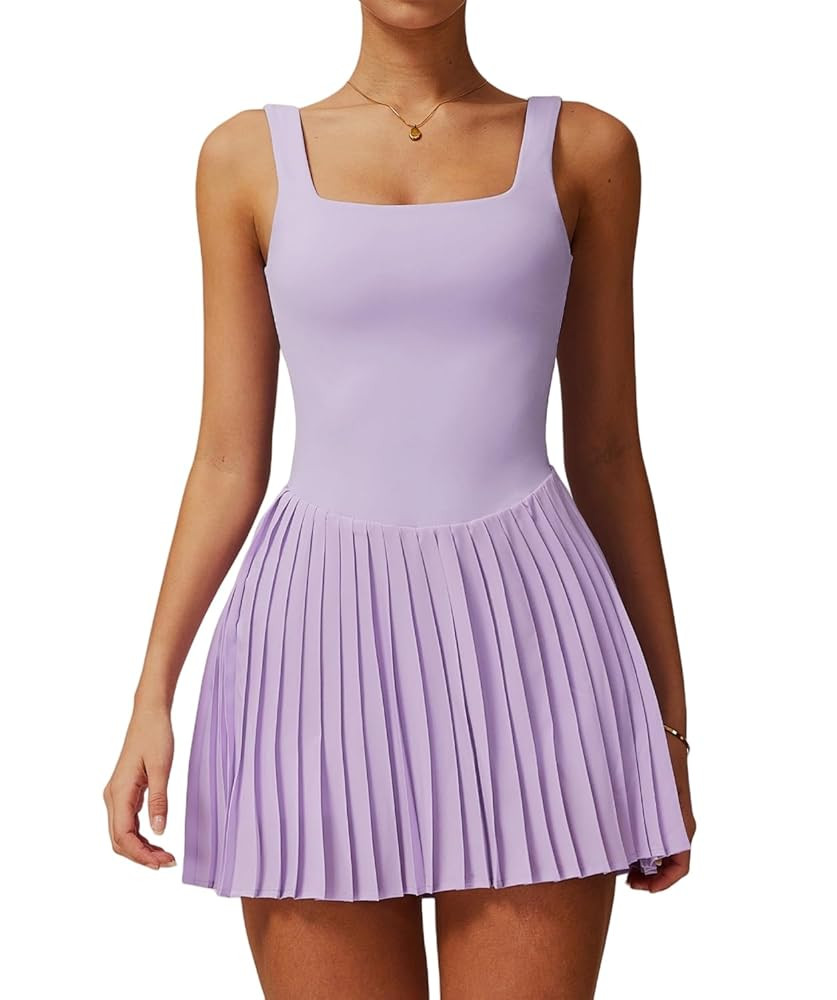Womens Square Neck Tennis Dress Pleated Sleeveless Backless Built in Shorts Golf Athletic Dress w... | Amazon (US)