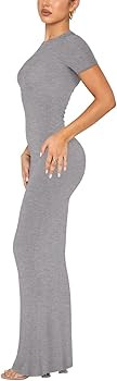 REORIA Women's Basic Summer Casual Lounge Long Dress Elegant Short Sleeve Crew Neck Bodycon Maxi ... | Amazon (US)