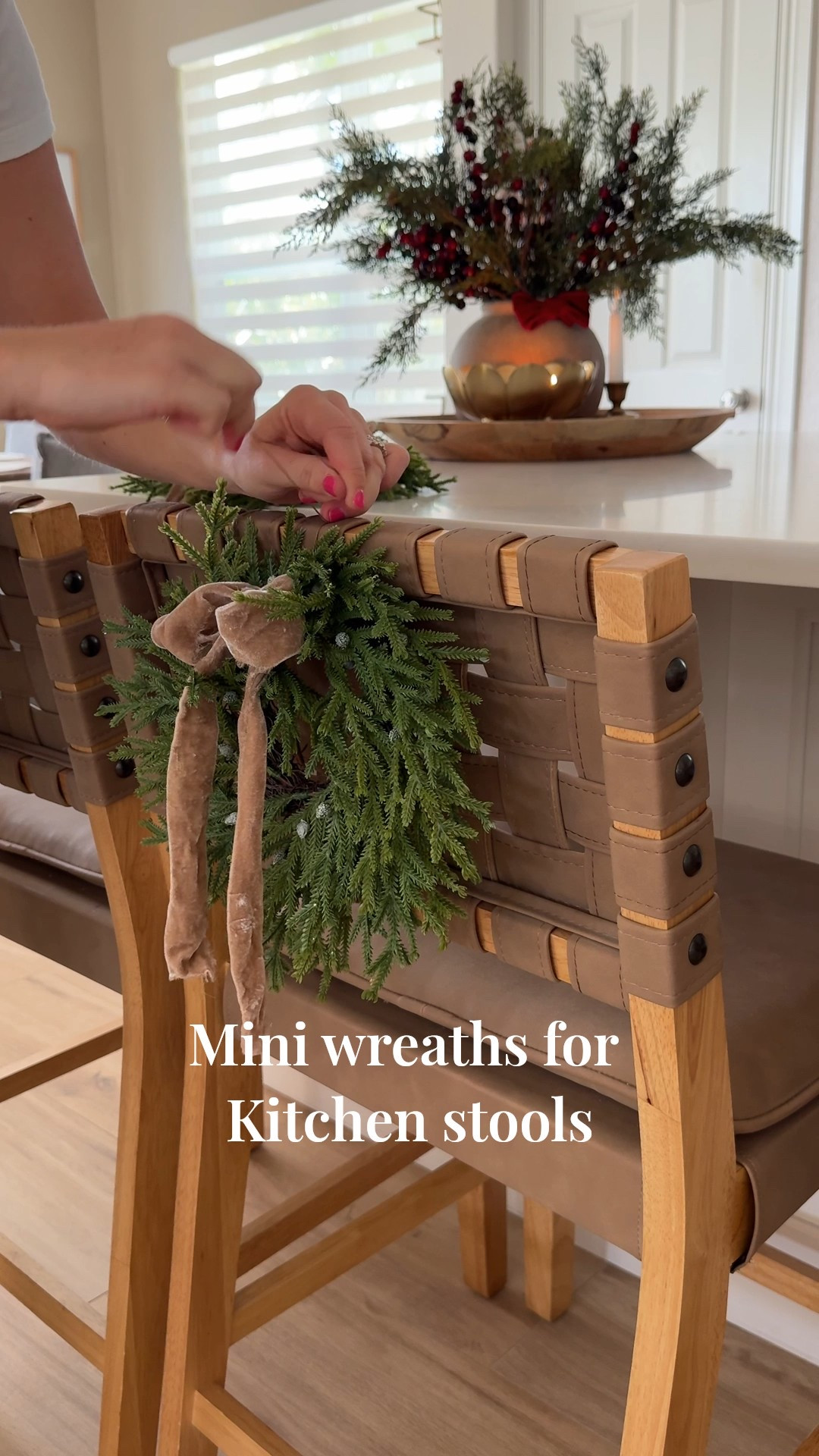 Mini wreaths are perfect for hanging on the back of your barstools. Add a cute little bow and tie on with some string 

#LTKHoliday #LTKHome #LTKSeasonal