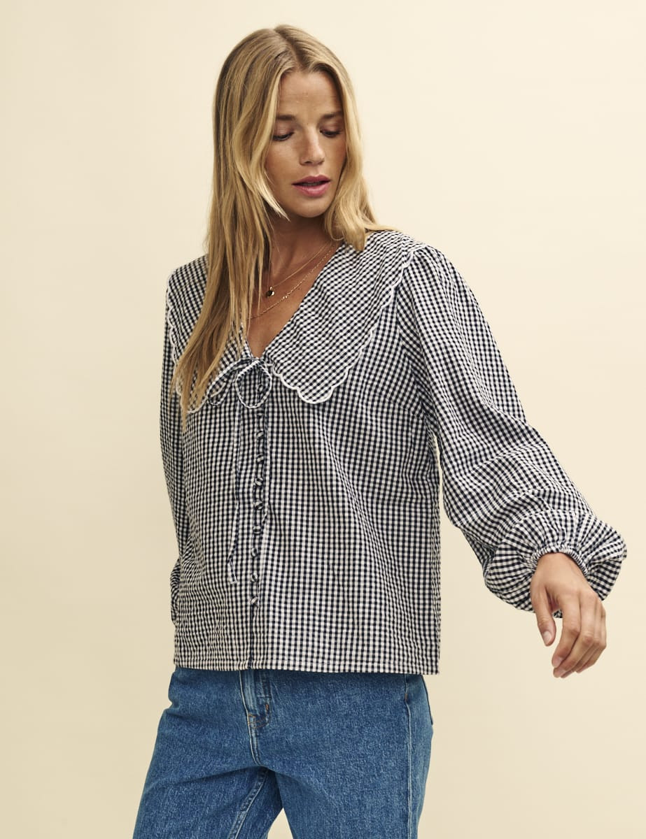 Black Gingham Peter Pan Collar Long Sleeve Blouse | Nobody's Child