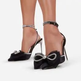 Chriselle Bow Detail Diamante Lace Up Clear Perspex Heel In Black Satin | EGO Shoes (US & Canada)