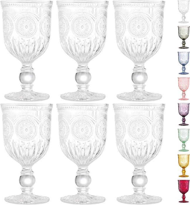 Clear Hobnail Wine Glasses Set of 6 Pressed Glass Goblets 10 oz | Amazon (US)