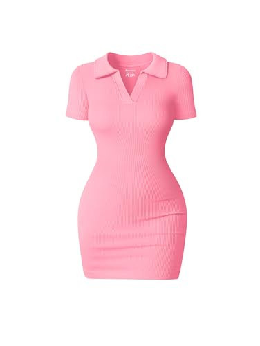 OQQ Women's Mini Dresses Sexy Ribbed Short Sleeve Tummy Control Bodycon Mini Dress Candypink | Amazon (US)